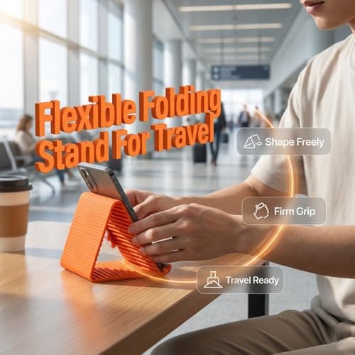 asfanst Silicone Phone Stand with Aluminum, Flexible Foldable Phone Holder, Bendable Adjustable Anti-Slip Desktop Stand for Phone Tablet Laptop, Portable Rollable Multi-Angle Stand for Home (Orange) — view 6