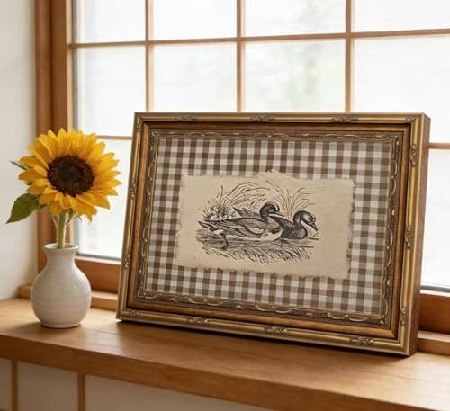 Vintage Gold Framed Wall Art, Brown Gingham Sketch Ducks Canvas Prints, Retro Rustic Farmhouse Animal Picture Wall Decor, Country Cottagecore Goose Poster Artwork for Living Room Bedroom — view 7