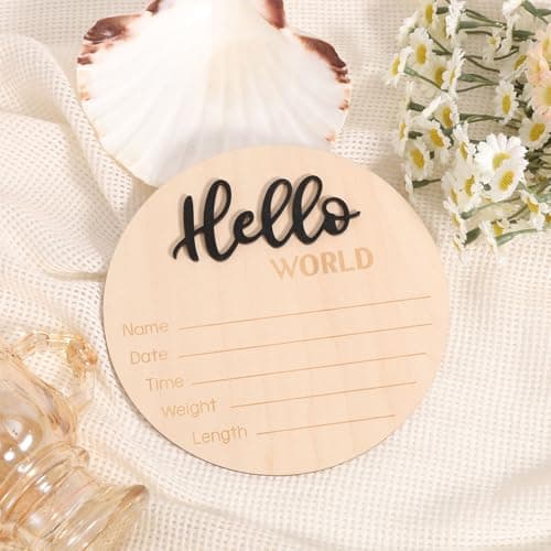 Newborn Announcement Sign with Pen, 5.9in Wooden Hello World Baby Welcome Sign for Newborn Boys and Girls Photo Props Baby Shower Hospital Nursery (Black) — view 2