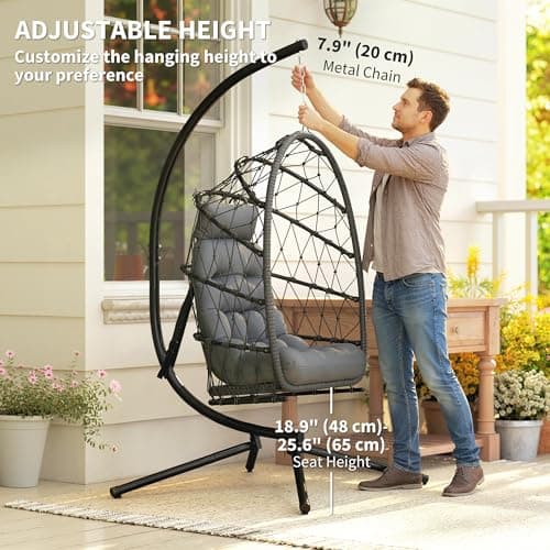 Outsunny Hanging Egg Chair with Stand, Foldable Wicker Rattan Swing Chair with Thick Cushion and Safety Rope for Patio Garden, Supports 264 lbs, Dark Grey — view 4