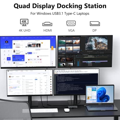 ABIWAZY USB C Hub Triple Monitor Adapters 8 in 1 USB C Docking Station with Dual HDMI Displayport VGA, USB C 100w PD,3 USB2.0 Multiport Dongle for Dell XPS 17/15/13,Lenovo Thinkpad,HP Envy,MacBook