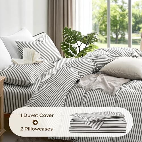 JELLYMONI 100% Natural Cotton 3pcs Striped Duvet Cover Sets,White Duvet Cover with Grey Stripes Pattern Printed Comforter Cover,with Zipper Closure & Corner Ties(Queen Size) — view 5