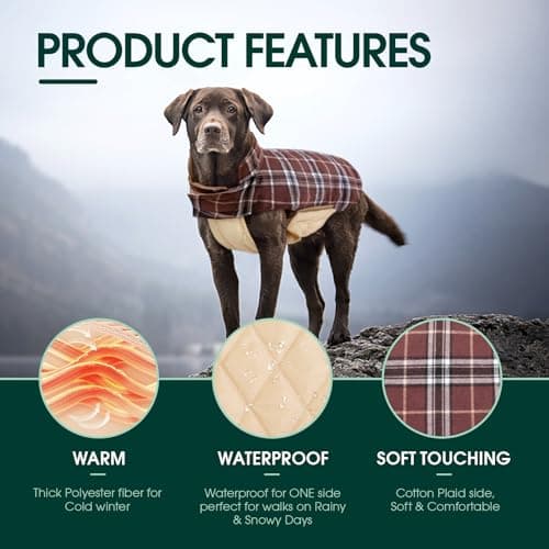 Kuoser Waterproof Dog Coat, Reversible Dog Jacket for Large Dogs, Adjustable Durable Doggie Winter Coat for Groowing Puppies Warm Puppy Cold Weather Apparel, Brown M — view 2