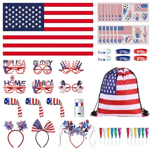 Vryxond 45pcs 2026 World Soccer Cup Fan Gear Set USA Team Fans Kit Game Day Flag Whistle Stickers Face Paint Drawstring Bag Wristband and Headband Set Gifts and Parade Supplies for Soccer Fans