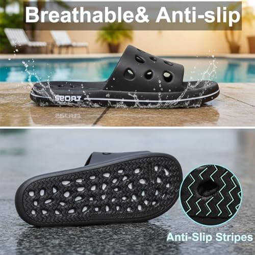 FINLEOO Shower Shoes for Women Men, Quick Drying Shower Sandals with Drain Holes Non-Slip Pool Slides Comfortable Lightweight House Slippers-Black — view 3