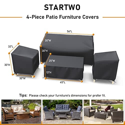 STARTWO Outdoor Waterproof Patio Furniture Covers 4-Piece Set for Chairs 32in, Loveseat 56in, Coffee Table 45in, Heavy Duty 600D, Black