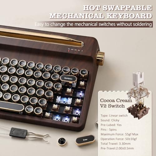YUNZII QL75 Wireless Typewriter Hot Swap Retro Mechanical Keyboard,Punk Round Keycaps,RGB Backlit QMK/VIA Programmable, Multi-Device Keyboard with 2.4GHz/Type-C/BT5.0 (Wood, Cocoa Cream V2 Switch) — view 5