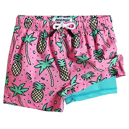 MaaMgic Boys Swim Trunks with Compression Liner Toddler Stretch Quick Dry Swim Shorts Quick Dry 2 in 1 Beach Shorts,Palm Pineapple Pink,Medium(10/12)