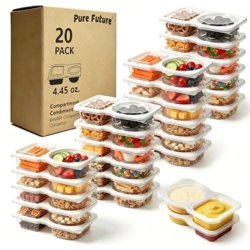 Pure Future 20-Pack Reusable Double Compartment Snack Containers with Lids - BPA-Free PP Meal Prep Bento Boxes for Lunch, Fruit & Dips, Microwave/Dishwasher Safe