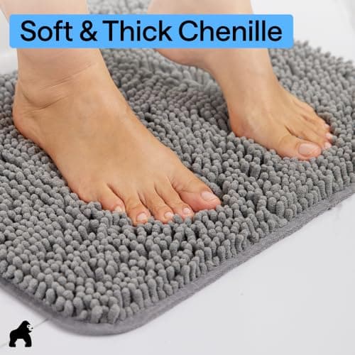 GORILLA GRIP Bath Mat, Thick Soft Absorbent Chenille Floor Mats, Rubber Backing Bathmat, Quick Dry Rug, Machine Washable Rugs for Shower and Tub Floors, Bathroom Accessories Decor, 61x43 cm, Grey — view 3