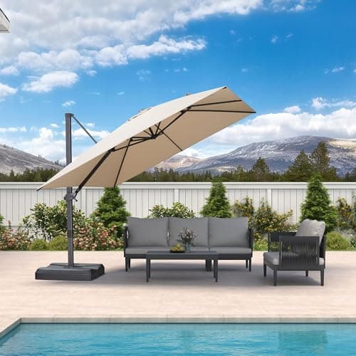 PURPLE LEAF 10'x 10' Patio Cantilever Umbrella Outdoor Square Adjustable Offset Umbrellas with 360-degree Rotation and 8 Heavy Duty Metal Ribs for Garden Deck Pool,Beige