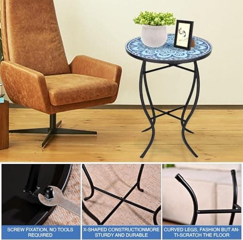 17" Tall Patio Side Table, 14 Inch Round Side Table, Weather Resistant Anti-Rust Metal Indoor Outdoor Side Table for Patio Yard Porch Balcony Garden Bedside, Blue — view 5