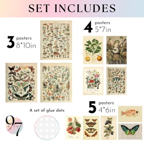 97 Decor 12 Pcs Cottagecore Wall Art Set - Vintage Posters For Room Aesthetic, Botanical Gallery Wall Prints For Bedroom, Cottage Core Room Decor For Home, Dorm, Living Room (Unframed)
