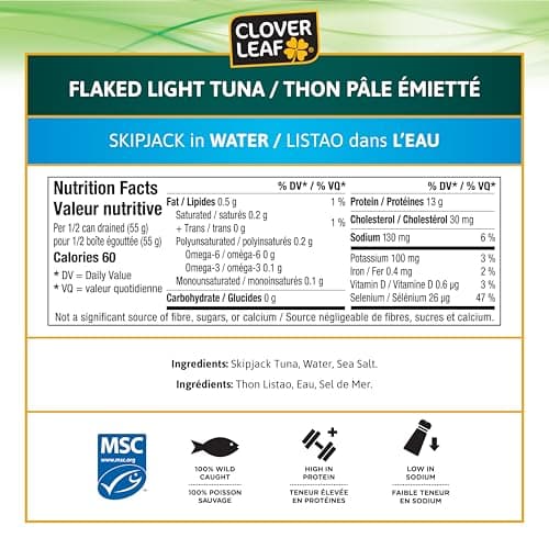 Clover Leaf Flaked Light Skipjack Canned Tuna in Water - 170g, 6 Count - High in Protein, 13g Per 55g Serving - 100% Wild-Caught and Traceable Tuna - Trace My Catch