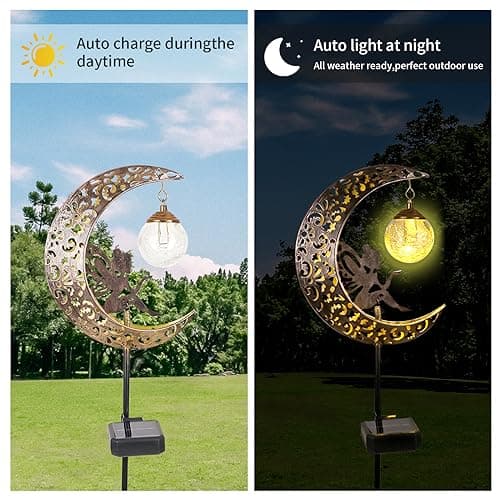 Solar Garden Lights Outdoor Decor,Moon Fairy Crackle Glass Lights,Waterproof Warm White LED Metal Stake Ornament,for Walkway Backyard Patio Lawn Pathway Decorations-Unique Gift Ideas for Gardening — view 4