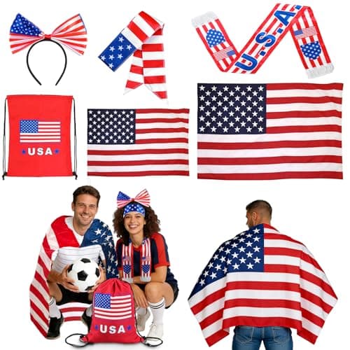 2026 USA Soccer Fan Accessories Set, Patriotic Independence Day Bundle with Flag, Shawl, Scarf, Headband and Drawstring Bag for Sports Events & July 4th Festivities (United States)