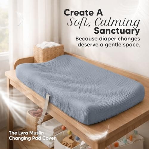 2-Pack Muslin Diaper Changing Pad Covers Boy, Girl – Soft Breathable Muslin Cotton Changing Table Cover, Organic Baby Changing Pad Sheets, Contoured Change Pads Liners Washable 34 x 18 (Slate)
