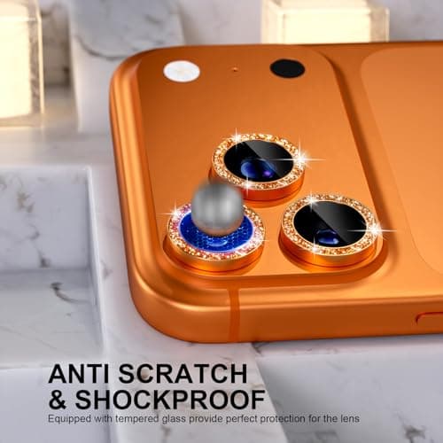 Choiche Compatible for iPhone 17 Pro/iPhone 17 Pro Max Camera Lens Protector Bling, 9H Tempered Glass Camera Cover Screen Protector Metal Ring Decoration Accessories (Glitter-Orange) — view 3