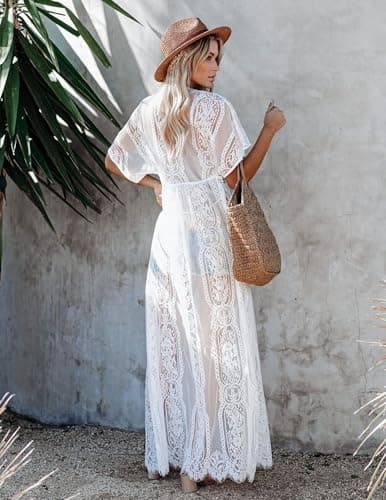 Women's Long Lace Kimono Cover Ups Tops Lightweight Summer Cardigan Dusters Sheer Boho Beach Plus Size Maxi Medium White — view 4
