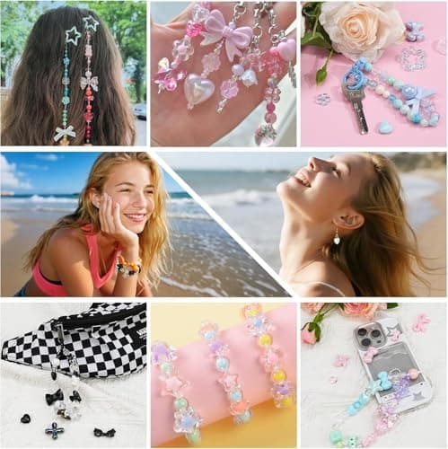 Sistenia 480PCS Acrylic Beads for Bracelet Making Kit with String, 6 Colors Assorted Cute Beads Bracelet Charms for Jewelry Making, Kawaii Bow Star Flower Shape for DIY Keychain Bag Necklace Charms — view 4