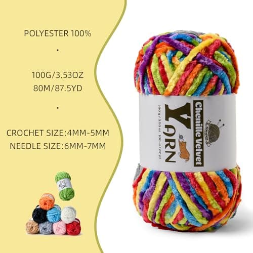 Plush Chenille Chunky Yarn - Fluffy Velvet Yarns Crochet for Blanket Knitting and Crocheting - Soft Baby Yarn for Crocheting - Amigurumi Crochet Yarns 100g (87yds) (Rainbow) — view 2
