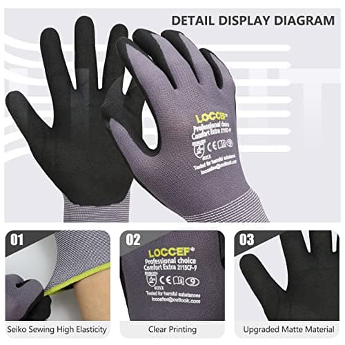 LOCCEF Work Gloves MicroFoam Nitrile Coated-12 Pairs,Seamless Knit Nylon Gloves,Gray Work gloves (6/XS, Gary-12 Pairs)