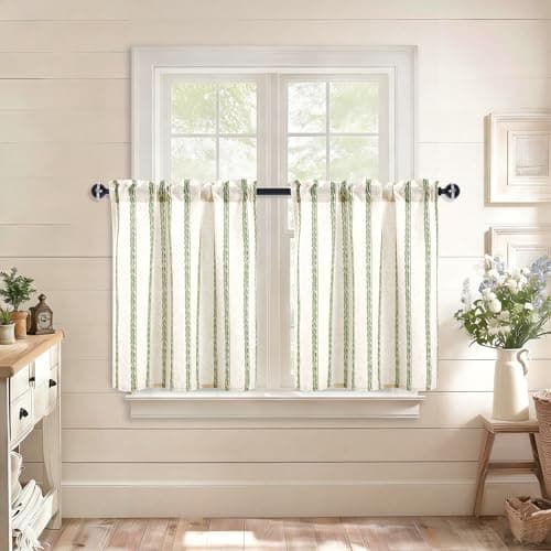 JIUZHEN Striped Linen Kitchen Curtains 2 Panels - Short Tier Drapes with Rod Pocket, Farmhouse Cafe Curtains for Small Windows 36 Inch Length, Wheat Stripe Green