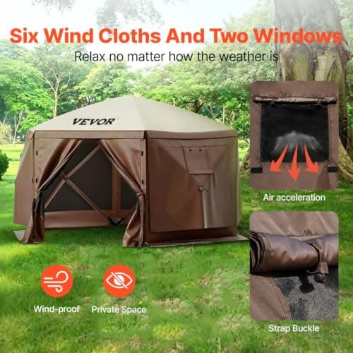 VEVOR Camping Gazebo Tent, 12'x12', 6 Sided Pop-up Canopy Screen Tent for 8 Person Camping, IPX3 Water-Resistant Screen Shelter w/Portable Storage Bag, Ground Stakes, Mesh Windows, Brown & Beige — view 2