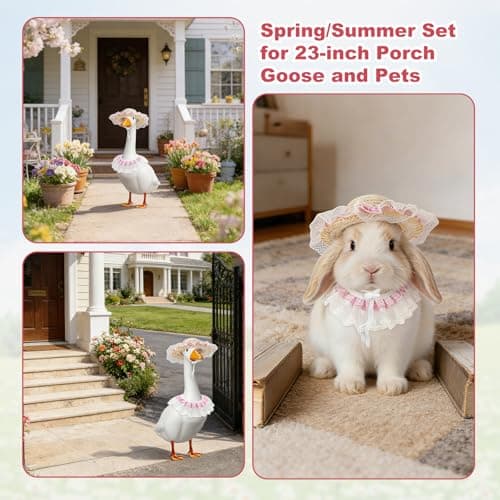 Porch Goose Pastoral Style Outfit, Summer & Autumn Goose Statue Suit with Hat & Bib Countryside Pet Cat Dog Costume Clothes for Lawn Concrete Statue Garden Patio Yard Accessories Pet (Pink) — view 4
