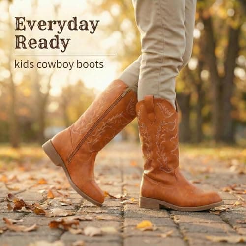 Kids Cowboy Boots Cowgirl Boots For Girls & Boys, Brown Western Cowboy Boots With Side Zipper, Pu Leather Round Toe Little Kid Boots — view 5