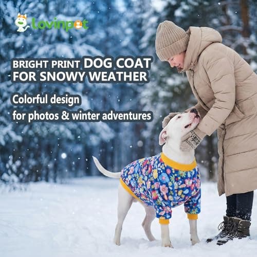 LovinPet Large Dog Winter Flannel Coat, Warm Dog Coat with Front Sleeves and Back Zipper, Easy-Care Full-Coverage Layer for Cold Weather, Happy Packed Floral Blue Prints, XXL — view 3