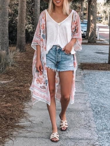 MayBuy Women's Summer Long Flowy Kimono Cardigans Boho Chiffon Beach Cover Up Tops, 0-floral1/Multicolored, Large — view 3