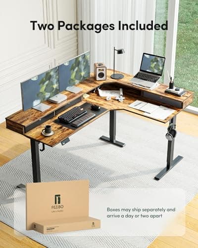 FEZIBO L Shaped Electric Standing Desk, 63x48 inch Large with Drawers | Reversible Tabletop, 2 Memory Height Settings | Home Office & Gaming Height-Adjustable Table, Rustic Brown（2 Packages） — view 11