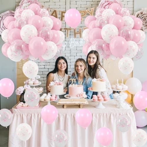 HILAVO Pink Bow Balloons, 12 Inch Pastel Light Pink Transparent White Bow Print Coquette Balloon for Girls Women Birthday Bachelorette Party Bridal Baby Shower Wedding Anniversary Decorations Supplies — view 5