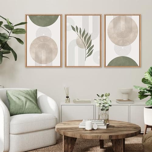 HPNIUB HPINUB Sage Green Framed Canvas Prints Wall Art Set, Abstract Botanical Boho Wall Decor, Minimalist Geometric Line Leaf Canvas Artwork for Living Room, Bedroom, Dining Room, Office, Bathroom -
