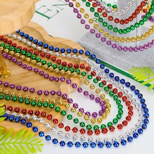 Mardi Gras Beads, 24PCS Metallic Colorful Bead Necklace Party Favors, 6 Kinds of 33" Beaded Necklace Costume Women Men Stuff, Festival Parade Throw Accessories for Wedding Birthday Celebrations — view 2