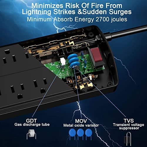 Surge Protector Power Strip - Nuetsa Flat Plug Extension Cord with 8 Outlets and 4 USB Ports, 6 Feet Power Cord, 2700 Joules, ETL Listed, Black — view 4
