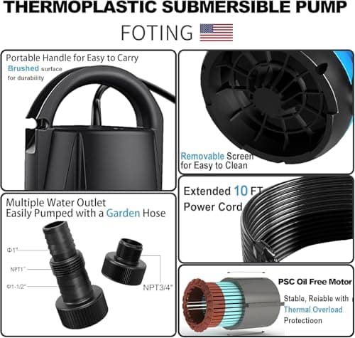 FOTING 1 HP 4600 GPH Sump Pump, Thermoplastic Portable Submersible Water Pump for Swimming Pool Garden Pond Basement Window Wells with 10FT Power Cord — view 3
