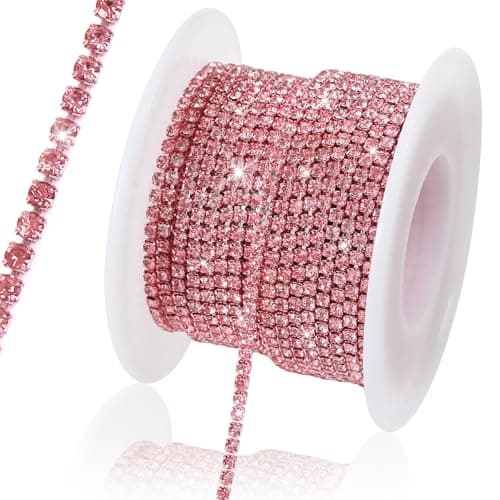 Rytenz 10 Yards 4 MM Rhinestone Chain Trim Crystal Rhinestone Close Chain Trim Shiny for Sewing Crafts, DIY Decoration, Jewelry, Clothing, Shoes (Light Pink)
