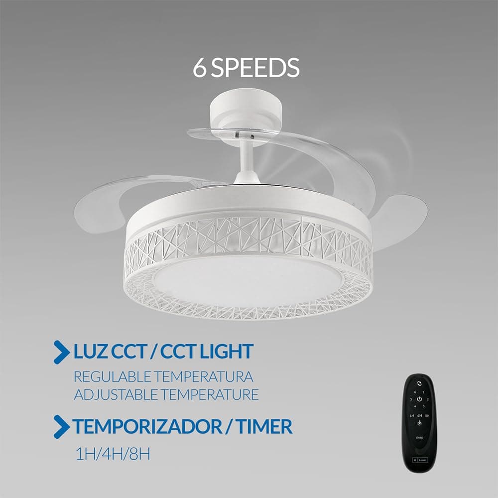 M mimotec - Ventilador de Techo Led White Aqua 66W con luz, mando a Distancia, Bajo consumo, motor DC 30W+Luz Led 36W, 6 velocidades, Silencioso, 4 Aspas desplegables, verano-invierno, temporizador — view 3