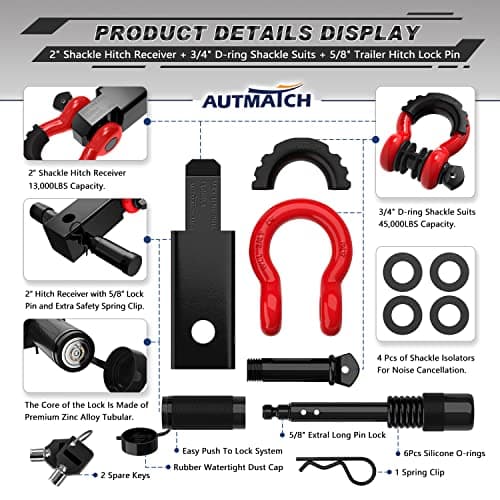 AUTMATCH Shackle Hitch Receiver 2 Inch - 3/4" D Ring Shackle and 5/8" Trailer Hitch Lock Pin, 45,000 Lbs Break Strength Heavy Duty Receiver Towing Kit for Off-Road Vehicle Recovery, Black & Red