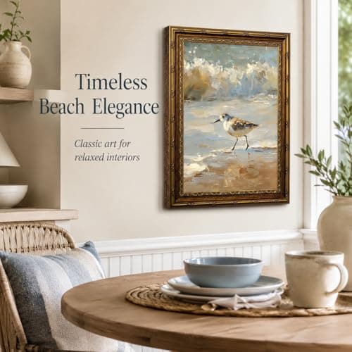 Vintage Framed Coastal Wall Art,Beach Sandpiper Bird Oil Painting, Antique Gold Ornate Frame, Seaside Ocean Waves Canvas Decor for Beach House, Bathroom, Living Room 11" L x 9" W — view 5