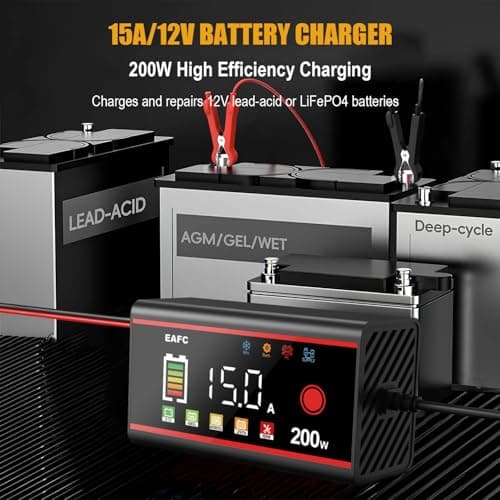 EAFC 200W 15Amp Car Battery Charger, 12V Smart Battery Fast Charger for Car/Truck/Motorcycle Gel, AGM, Wet, SLA, EFB, LiFePO4, etc. with Pulse Repair Mode,Short-Circuit Protection, LCD Color Display — view 4