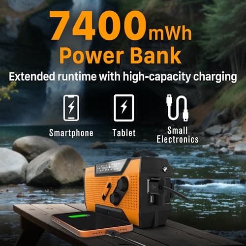 FosPower NOAA Emergency Weather Radio A1 7400mWh Portable Power Bank, AM/FM, USB/Solar/Hand Crank Charging, Battery Operated, SOS Alarm & Flashlight for Indoor/Outdoor Emergency - Orange — view 2