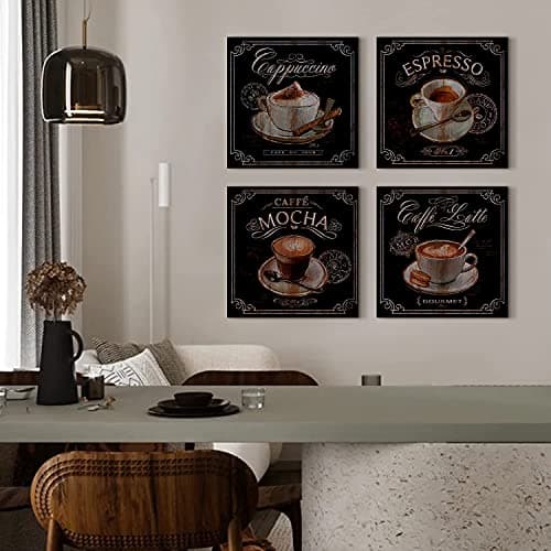 Coffee Wall Art Kitchen Decor Vintage Coffee Bar Wall Decor Black Brown Coffee Theme Dining Room Canvas Pictures Cafe Bean Cup Painting Artwork Restaurant Table Shop Family Home Decoration 12x12" 4Pcs — view 5