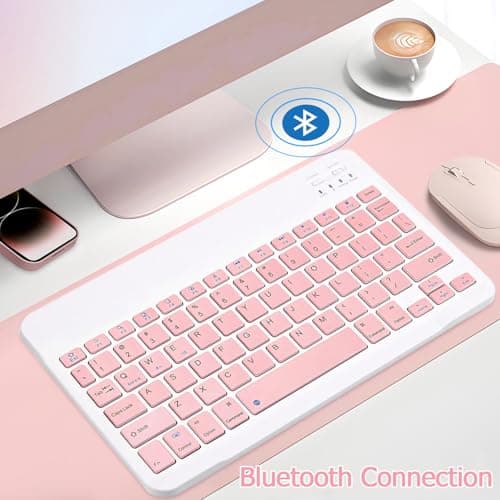 KUNSI Bluetooth Keyboard for iPad, Rechargeable Slim Portable Wireless Keyboard for iPad Tablets, Compatible for All iOS/Windows/Android System Devices-Pink