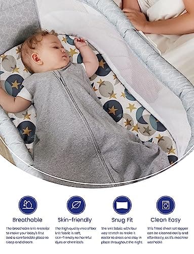 TotAha Space Bassinet Sheets, Super Stretchy Jersey Star Bedside Bassinet Sheets, Buttery Soft Bassinet Mattress Sheets Compatible with Halo, Baby Delight, Koola, Chicco Lullago, and Other Bassinet