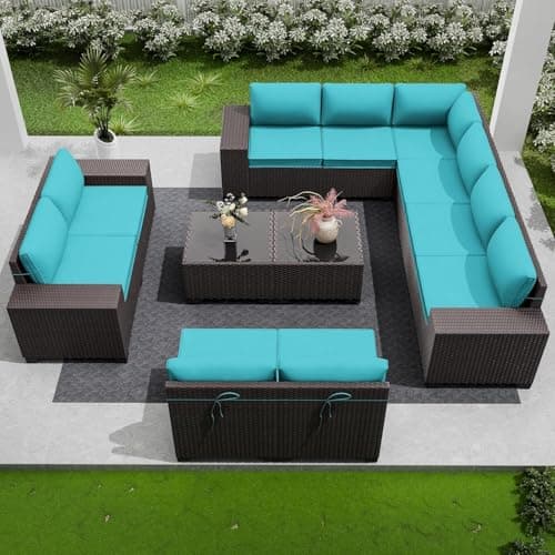 RTDTD 12 PCS Outdoor Patio Furniture Set,Outdoor Sectional Furniture All Weather PE Rattan Wicker Patio Conversation Set with 2 Coffee Tables and 10 Thickened Cushions,Blue