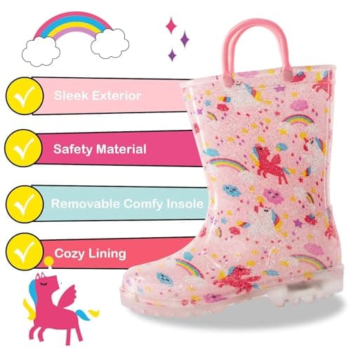 Toddler Rain Boots Kids Light Up Rain Boots for Girls Unicorn Waterproof Glitter Rainboot with Easy Pull On Handles, Little Kid Size 13 — view 5