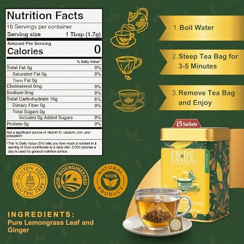 Pride of India | Lemongrass Ginger Zesty Fresh Tea | 15 Pyramid Full Leaf Individually Wrapped Tea Bags | 100% Herbal Blend from Single Origin | Tangy & Spicy Flavor | Caffeine-Free